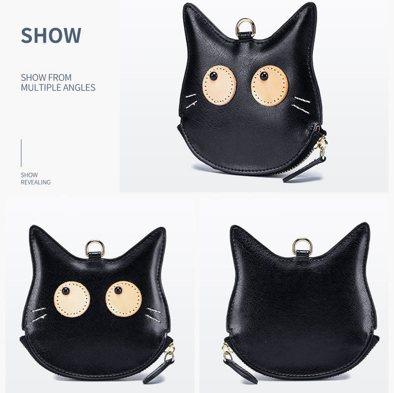Cat-Shaped Genuine Leather Coin Purse with Detachable Lanyard