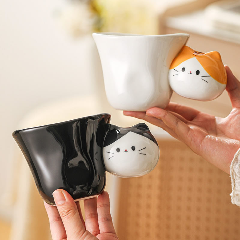 Cute 3D Cat Handle Ceramic Mug, Tabby Cat Coffee Cup, Whimsical Cat-Themed Tea Mug