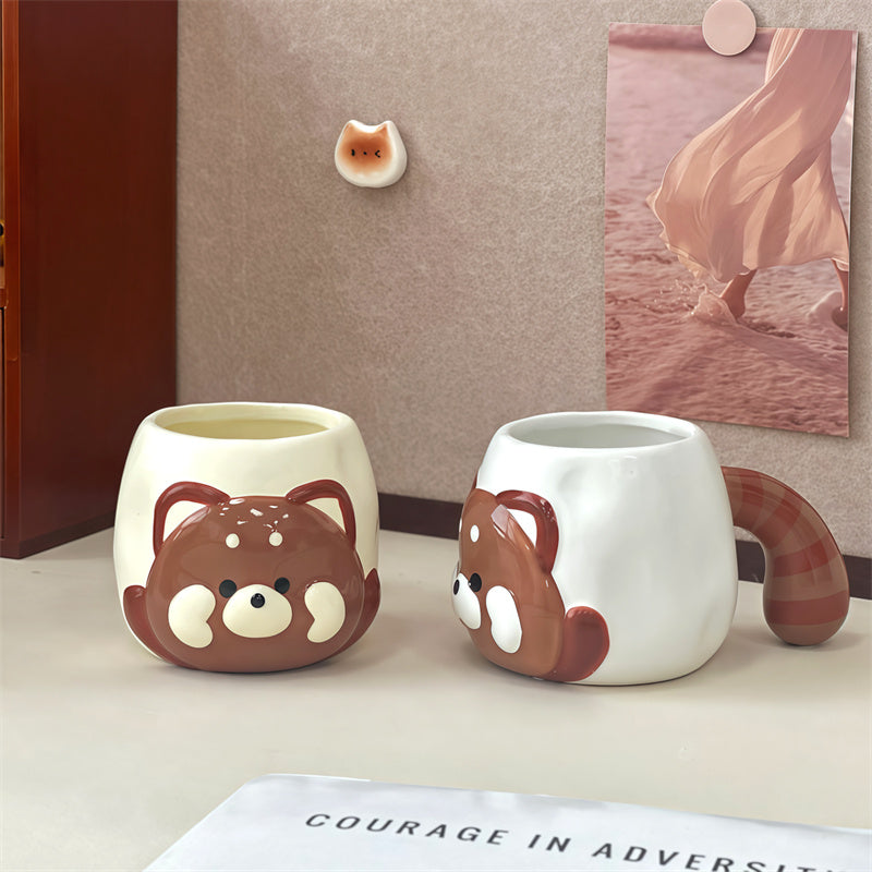Cute 3D Lesser Panda Ceramic Mug, Raccoon Bear Face Coffee Cup with Striped Tail Handle