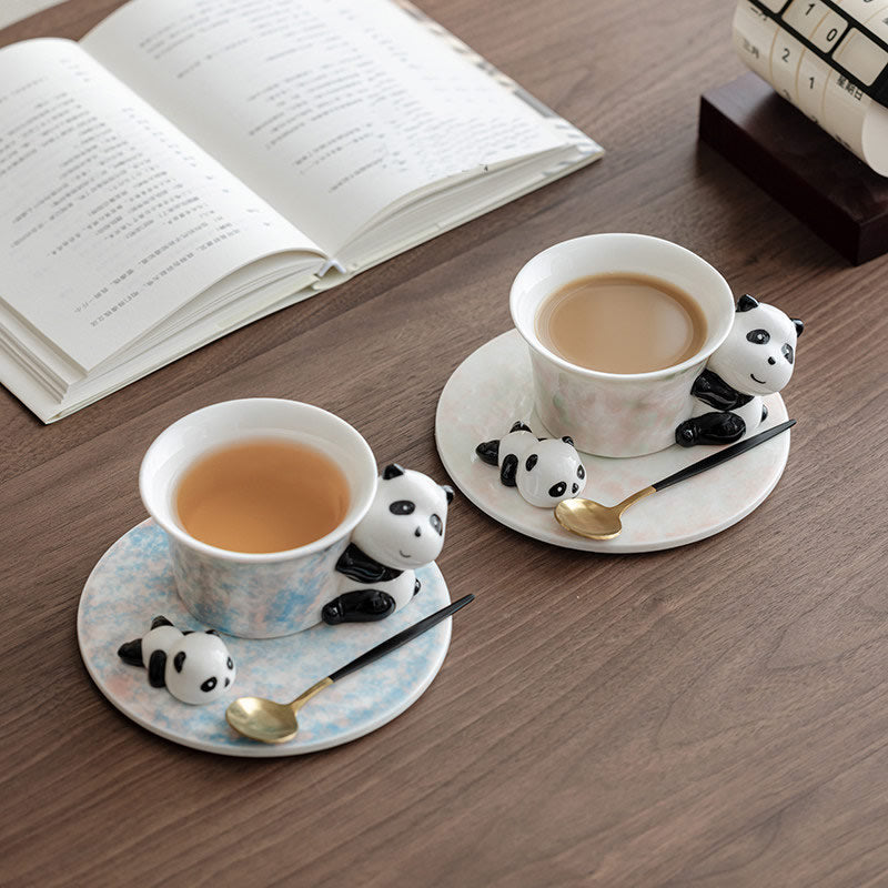 Cute 3D Panda Ceramic Cup and Saucer Set, Glaze Tea Coffee Mug with Spoon, Animal Tableware Gift Set