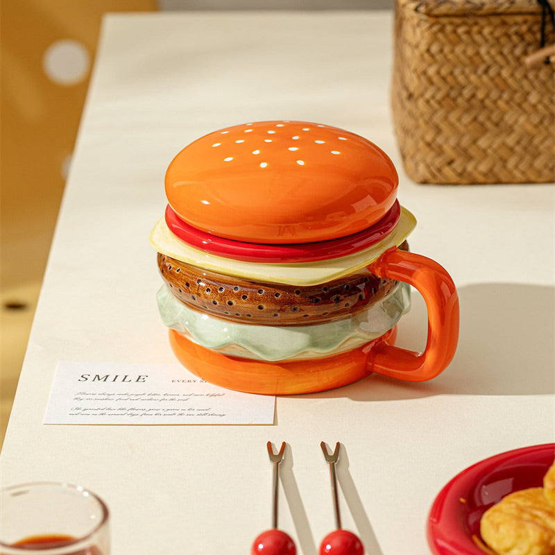 Cute Burger-Shaped Ceramic Mug , 3D Layered Hamburger Coffee Cup, Novelty Food-Themed Tea Mug