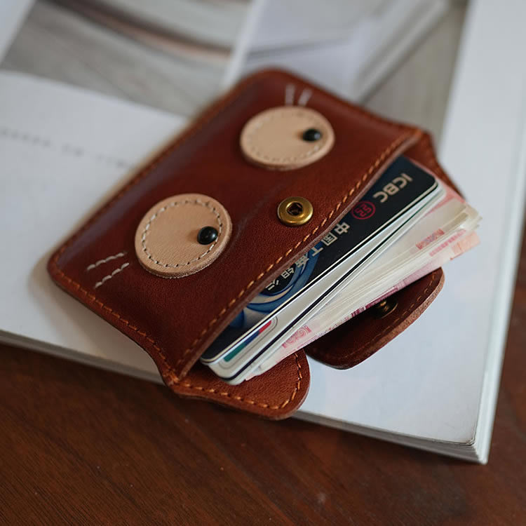 Cute Cat-Face Genuine Leather Card Holder - Snap Closure Mini Wallet, Top-Grain Cowhide