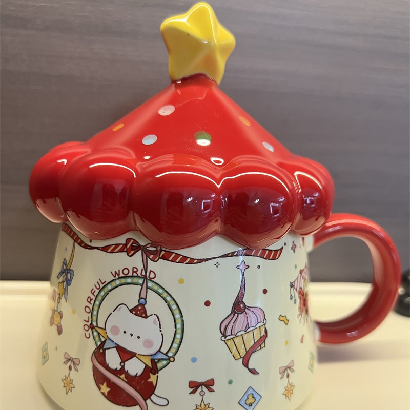 Cute Circus Tent Cat Ceramic Mug with Star Lid, Cartoon Kitten Printed Coffee Cup