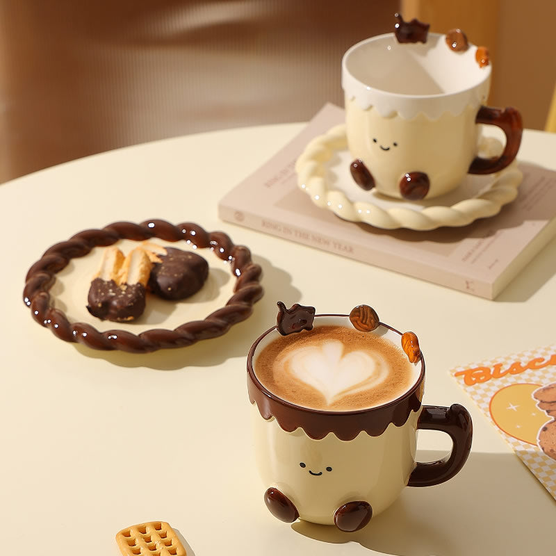Cute Cookie Ceramic Mug & Coaster Set,Smiling Face Coffee Cup,Dessert-Inspired Tea Mug for Home