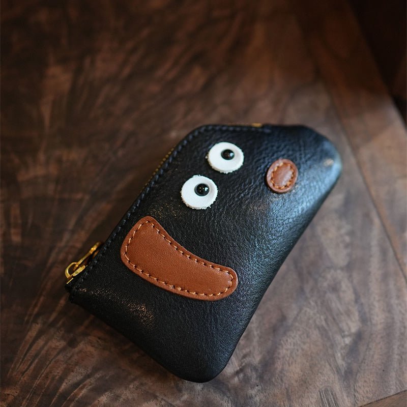 Cute Dog-Face Genuine Leather Coin Purse - Zippered Wallet, Top-Grain Cowhide