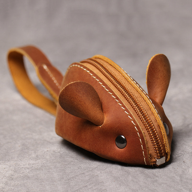 Cute Mouse-Shaped Genuine Leather Coin Purse - Zippered Pouch with Wrist Strap