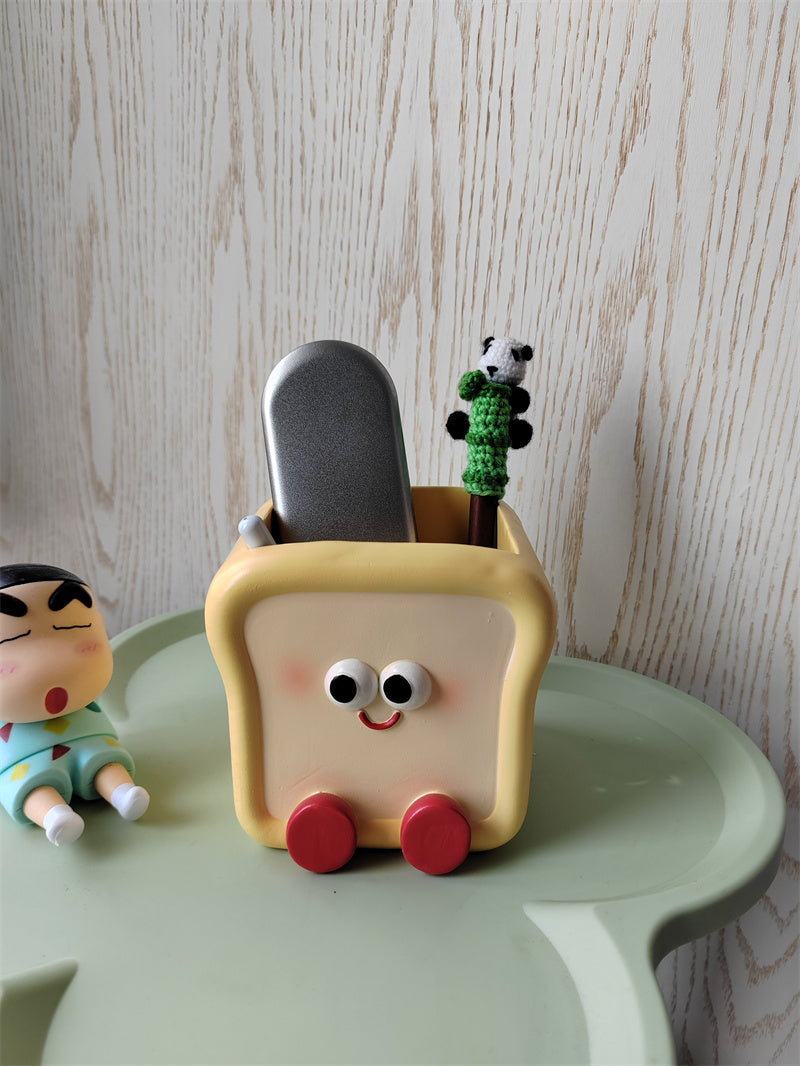 Cute Toast Bread Desk Organizer – Cartoon Pen & Stationery Holder for Office, School, and Vanity Decor