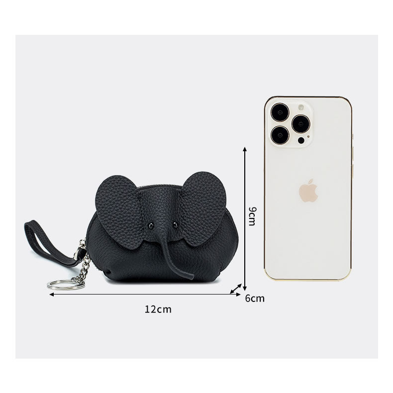 Elephant-Shaped Genuine Leather Coin Purse with Wristlet & Keychain