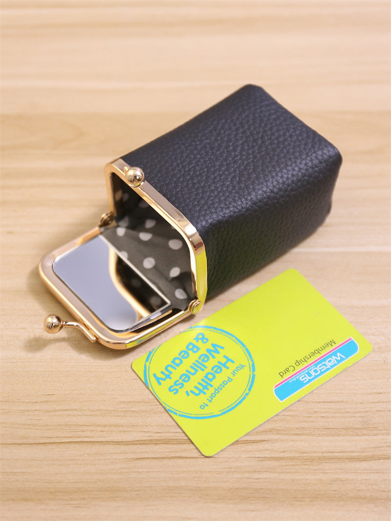 Mini Kiss-Lock Leather Lipstick Case with Built-in Mirror,Leather Coin Purse, Jewelry Box