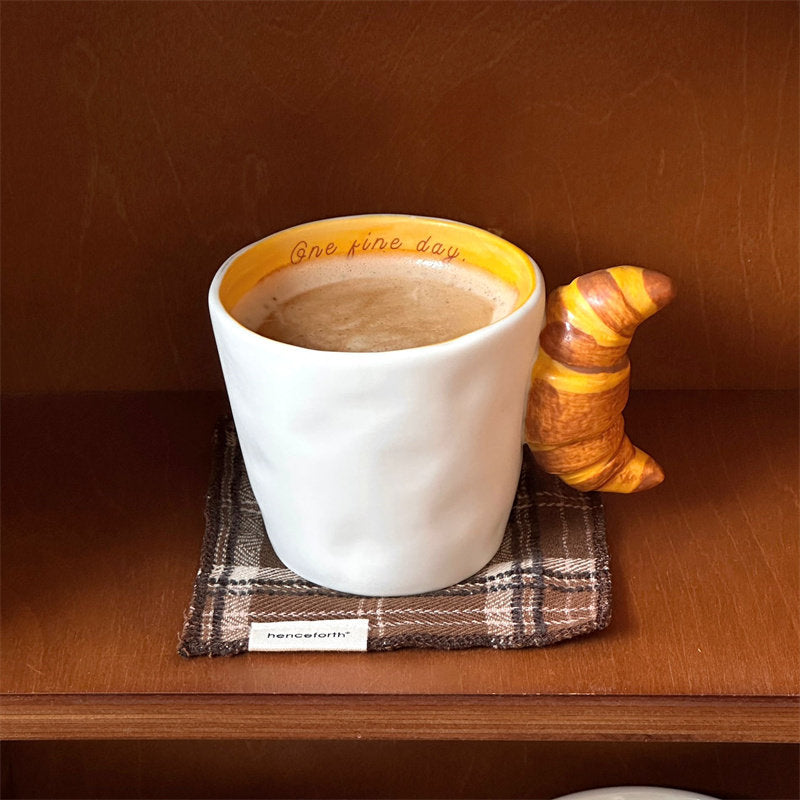 Novelty Bread Handle Ceramic Mug, Croissant & Donut Shaped Handle Coffee Cup, Breakfast-Themed Milk Tea Mug