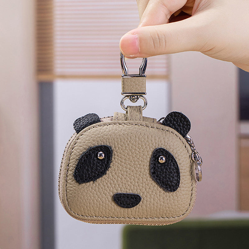 Panda Mini Leather Pouch with Keychain ,Earbud & Key Organizer