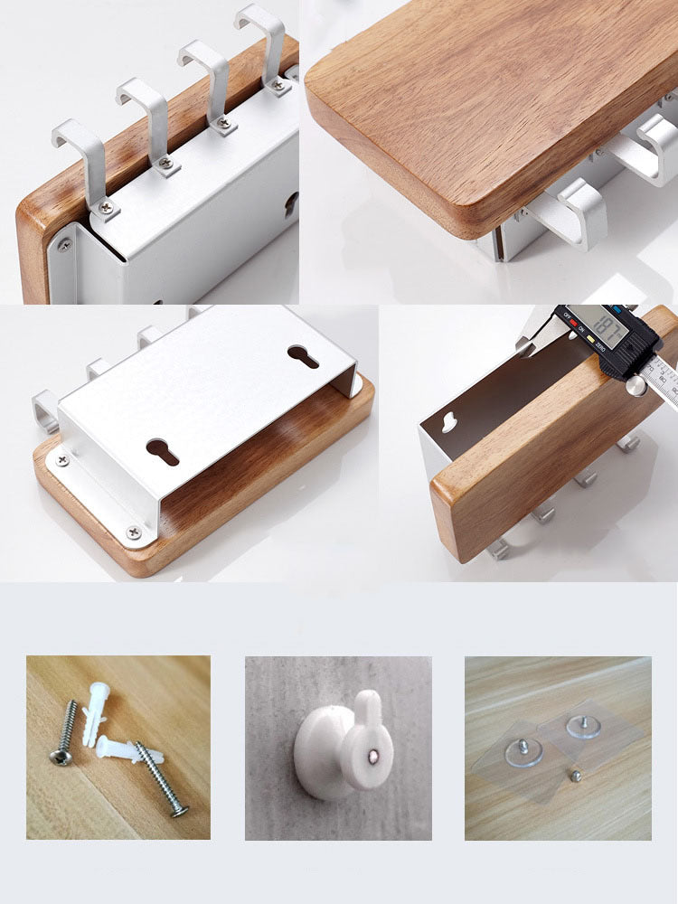 Oak and Metal Wall - Mounted Key Holder with Storage Shelf, Decorative Organizer