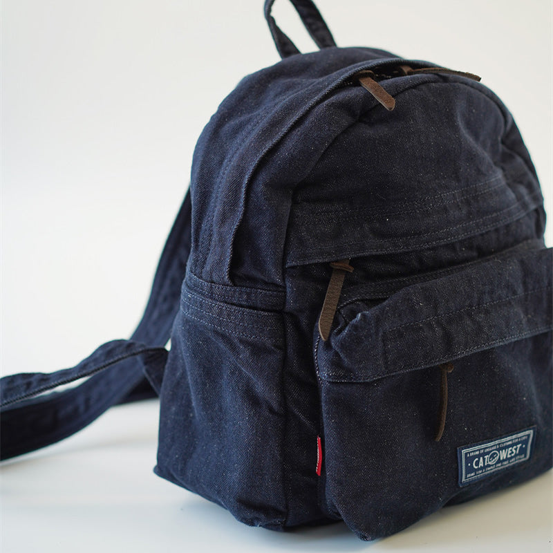 Vintage Dark-Wash Denim Mini Backpack – Rugged Y2K Streetwear Rucksack with Multi-Zipper Pockets – Durable Daily Travel Bag & Aesthetic School Pack