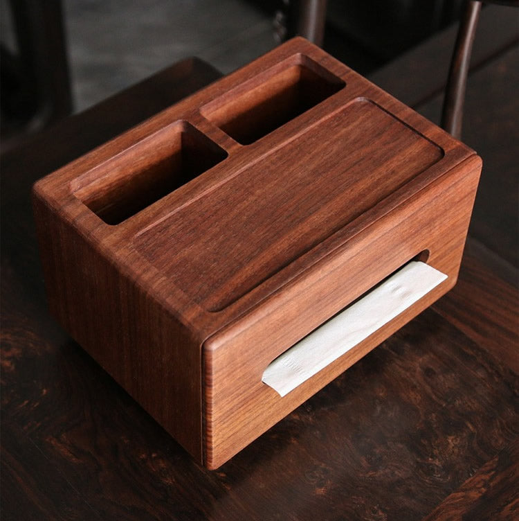 Walnut Wood Multi - Function Tissue Box & Remote Control Holder for Living Room Tables‌