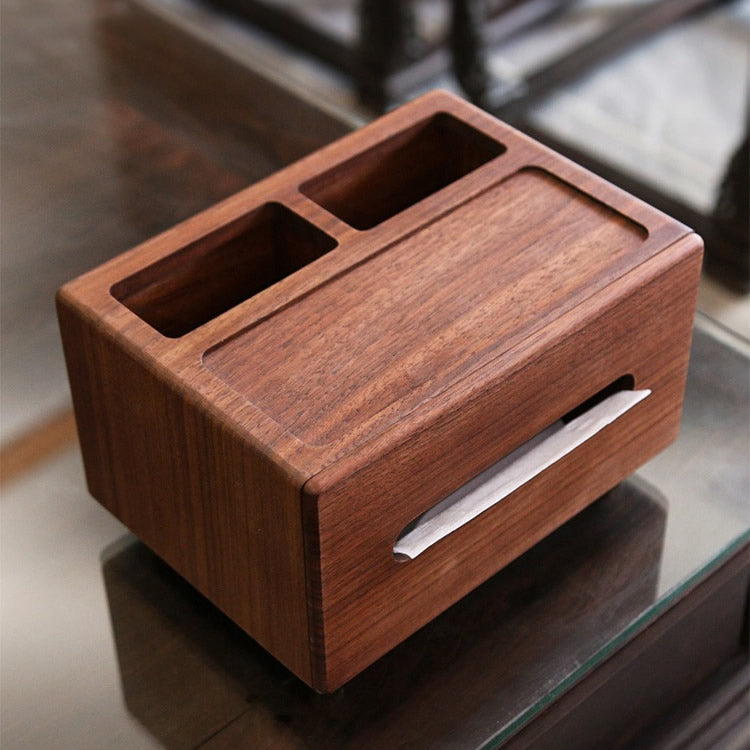 Walnut Wood Multi - Function Tissue Box & Remote Control Holder for Living Room Tables‌