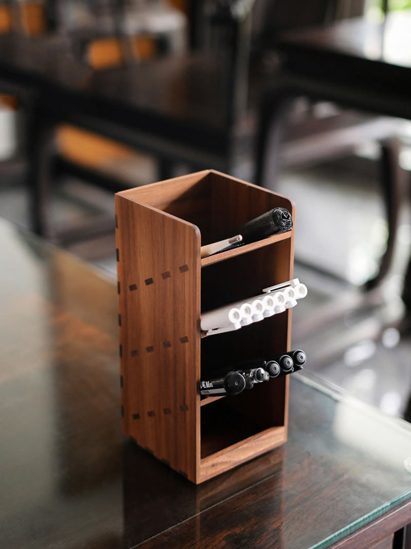 Premium Walnut Wood Desk Organizer & Pen Holder - Stylish Office & Home Storage Solution