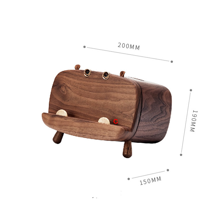 Walnut Wooden Hippo Tissue Box - Wood Tissue Holder & Phone Stand for Modern Home Decor