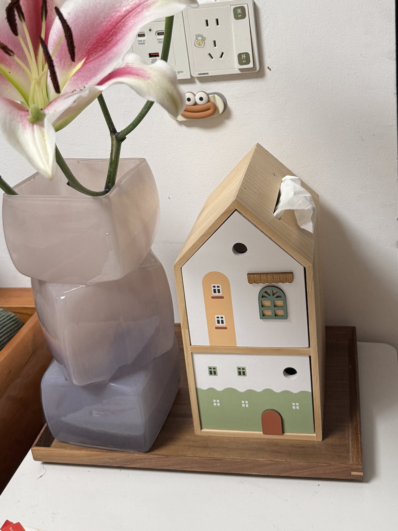 Cute Wooden House - Shaped Tissue Box with Drawer, Multifunctional Desk Organizer