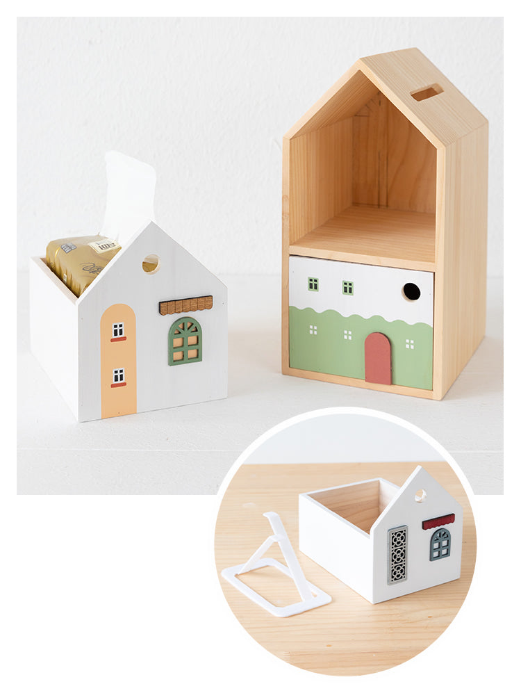 Cute Wooden House - Shaped Tissue Box with Drawer, Multifunctional Desk Organizer