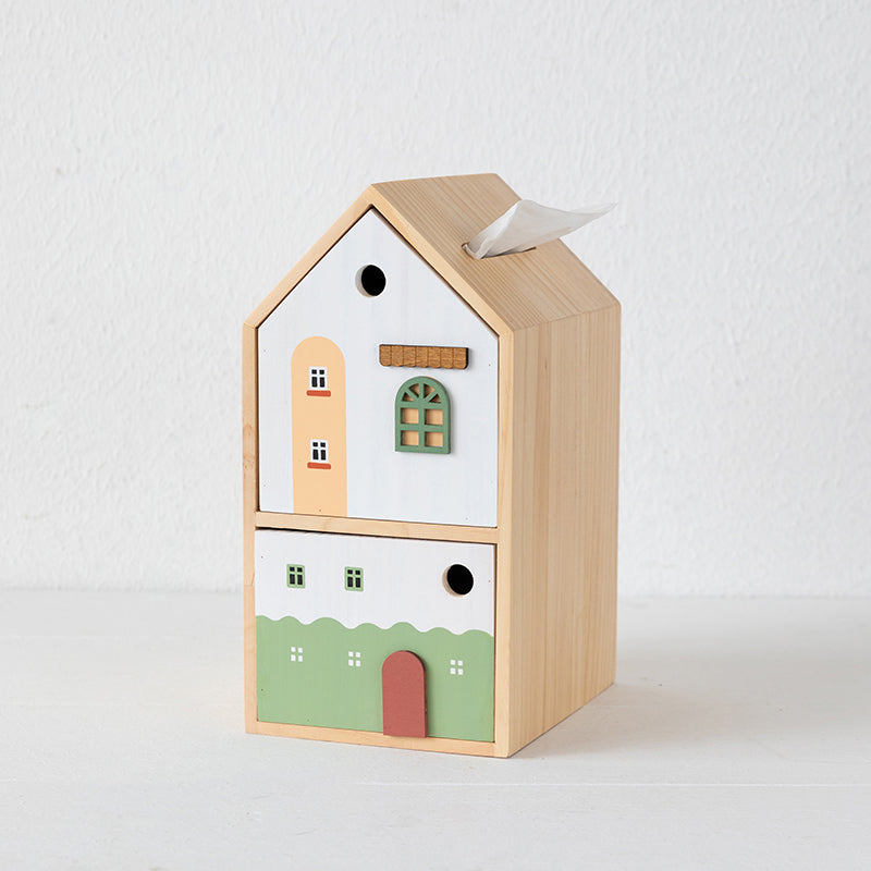 Cute Wooden House - Shaped Tissue Box with Drawer, Multifunctional Desk Organizer