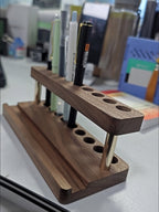 Double-Layer Wooden Pen Holder with Brass Accents, 8 - Slot Desk Organizer for Pens & Markers