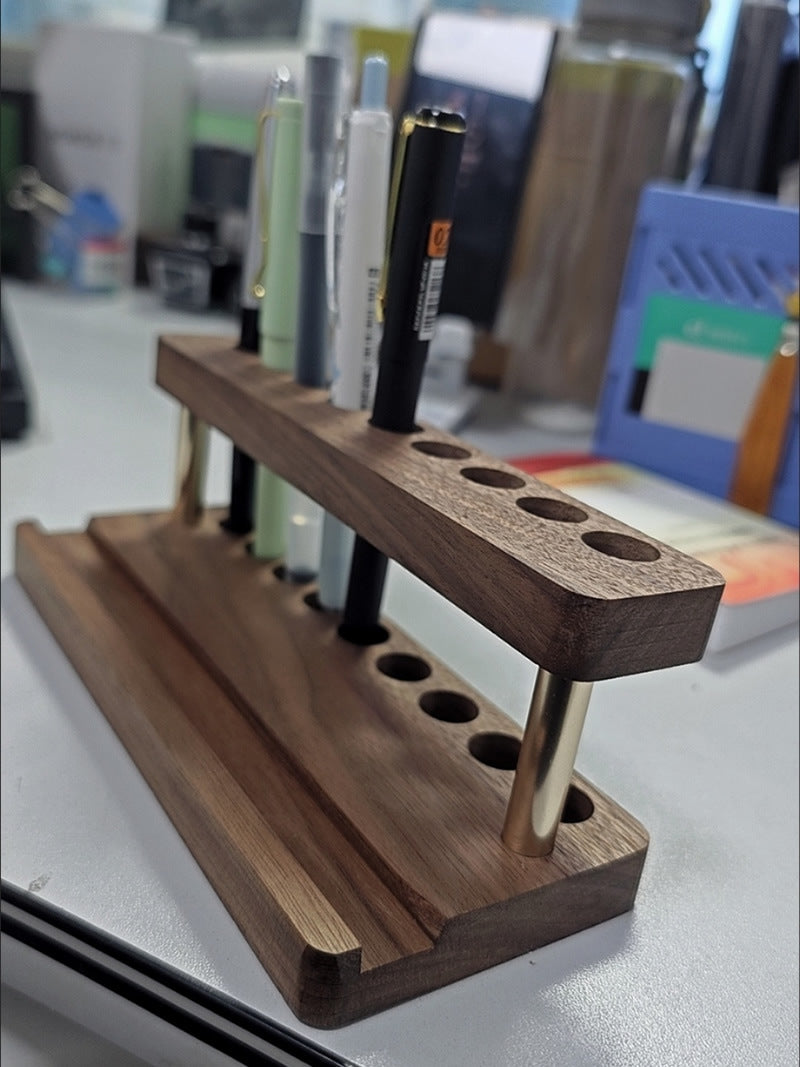 Double-Layer Wooden Pen Holder with Brass Accents, 8 - Slot Desk Organizer for Pens & Markers