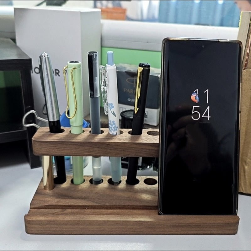 Double-Layer Wooden Pen Holder with Brass Accents, 8 - Slot Desk Organizer for Pens & Markers