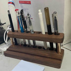 Double-Layer Wooden Pen Holder with Brass Accents, 8 - Slot Desk Organizer for Pens & Markers