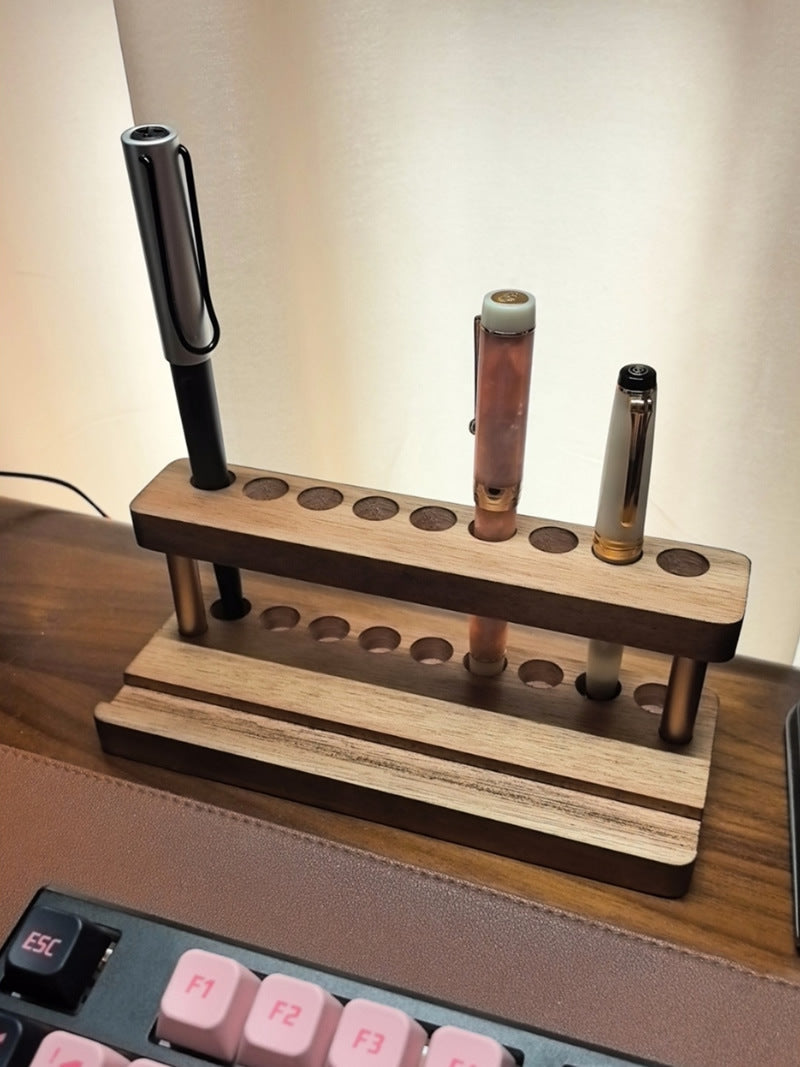 Double-Layer Wooden Pen Holder with Brass Accents, 8 - Slot Desk Organizer for Pens & Markers