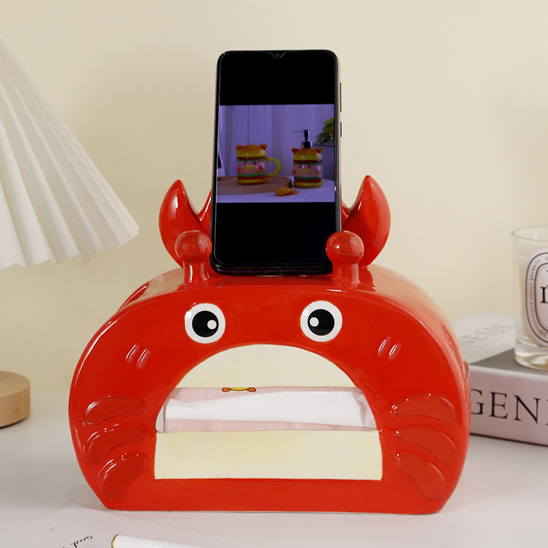 Cute Crab - Shaped Ceramic Tissue Box with Phone Stand, 2 - in - 1 Bathroom/Desk Organizer