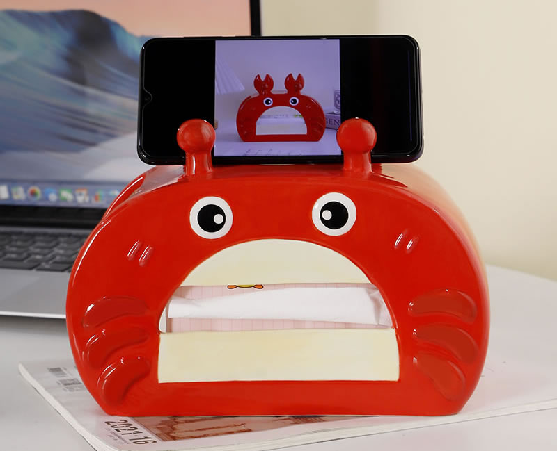 Cute Crab - Shaped Ceramic Tissue Box with Phone Stand, 2 - in - 1 Bathroom/Desk Organizer