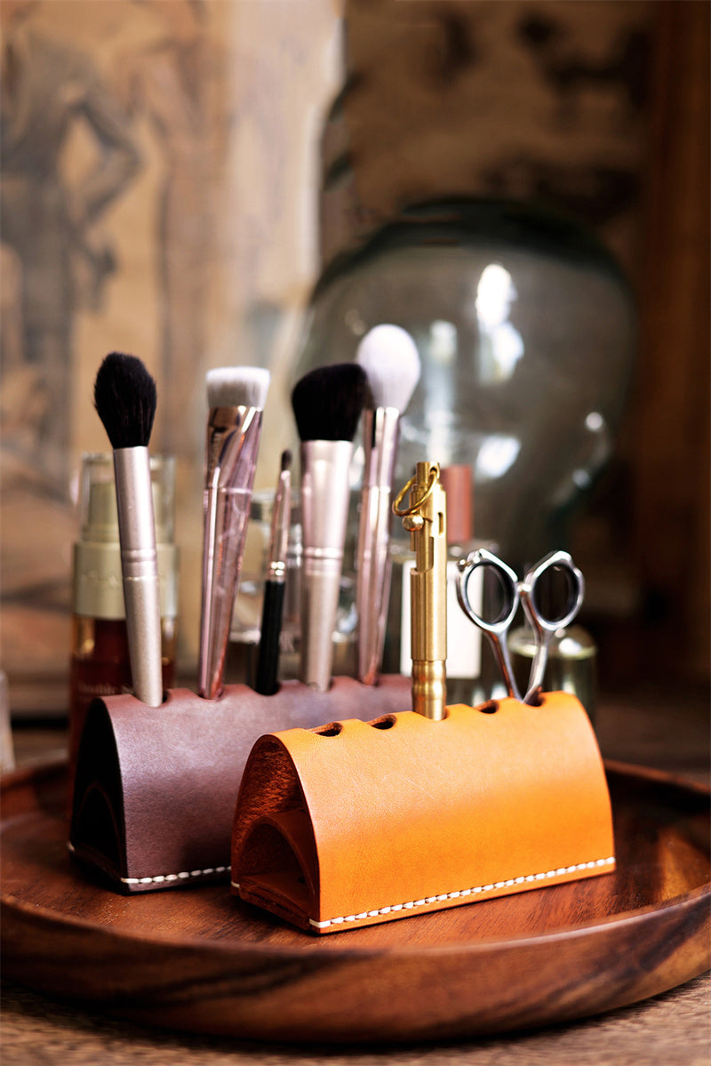 Handmade Leather Makeup Brush Holder, Vintage - Style Organizer for Cosmetic Brushes & Tools