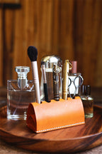 Handmade Leather Makeup Brush Holder, Vintage - Style Organizer for Cosmetic Brushes & Tools