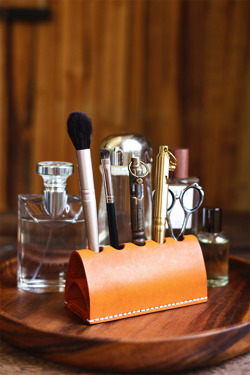 Handmade Leather Makeup Brush Holder, Vintage - Style Organizer for Cosmetic Brushes & Tools