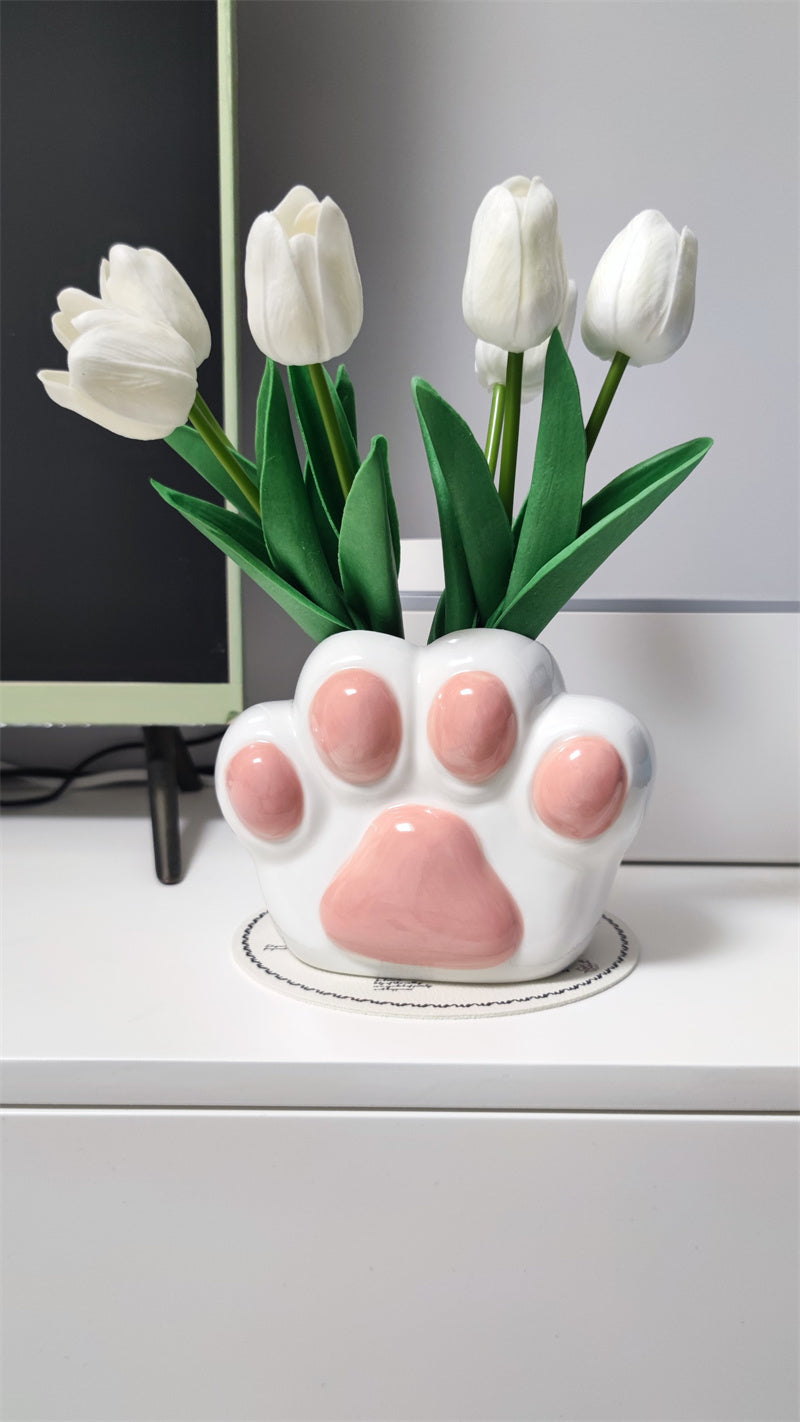 Cute Cat Paw - Shaped Ceramic Vase, Decorative Flower Holder for Home