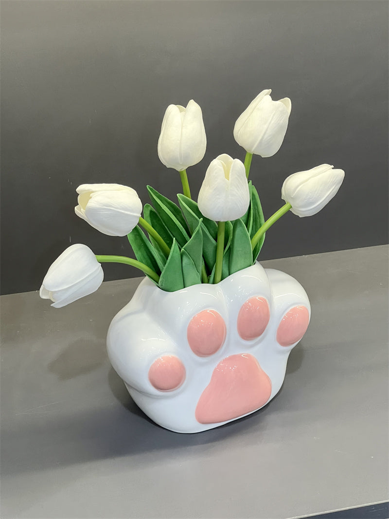 Cute Cat Paw - Shaped Ceramic Vase, Decorative Flower Holder for Home