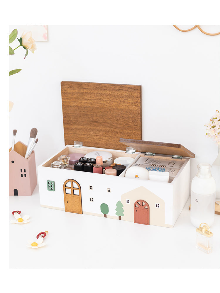 Cute House - Shaped Wooden Storage Box, Double - Compartment Organizer for Home