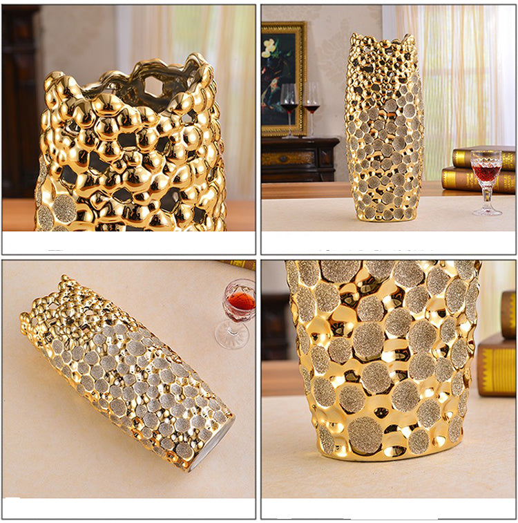 Gold Textured Ceramic Vase - Modern Decorative Home Accent