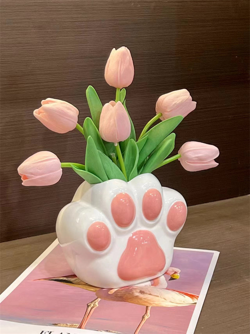 Cute Cat Paw - Shaped Ceramic Vase, Decorative Flower Holder for Home