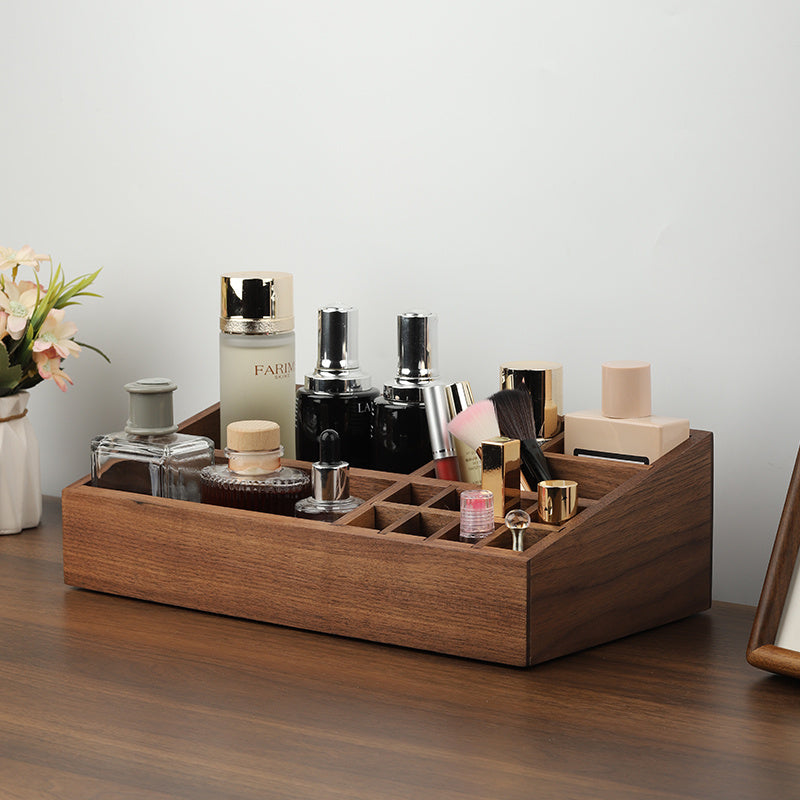 Wooden Makeup and Skincare Organizer, Multi - Compartment Desk Tidy for Beauty Products