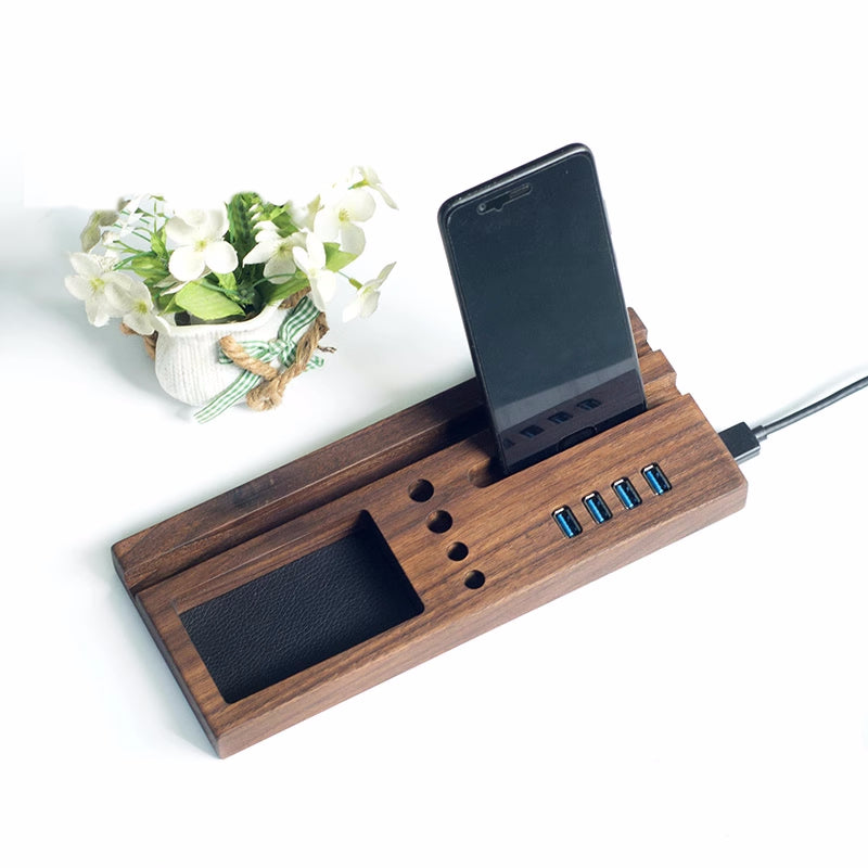 Wooden Desk Organizer with USB Hub & Phone Stand, Multi - Functional Desktop Storage Station