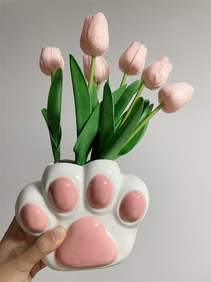 Cute Cat Paw - Shaped Ceramic Vase, Decorative Flower Holder for Home