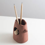 Tree Stump - Shaped Ceramic Pen Holder with Bird Accent, Cute Desk Organizer