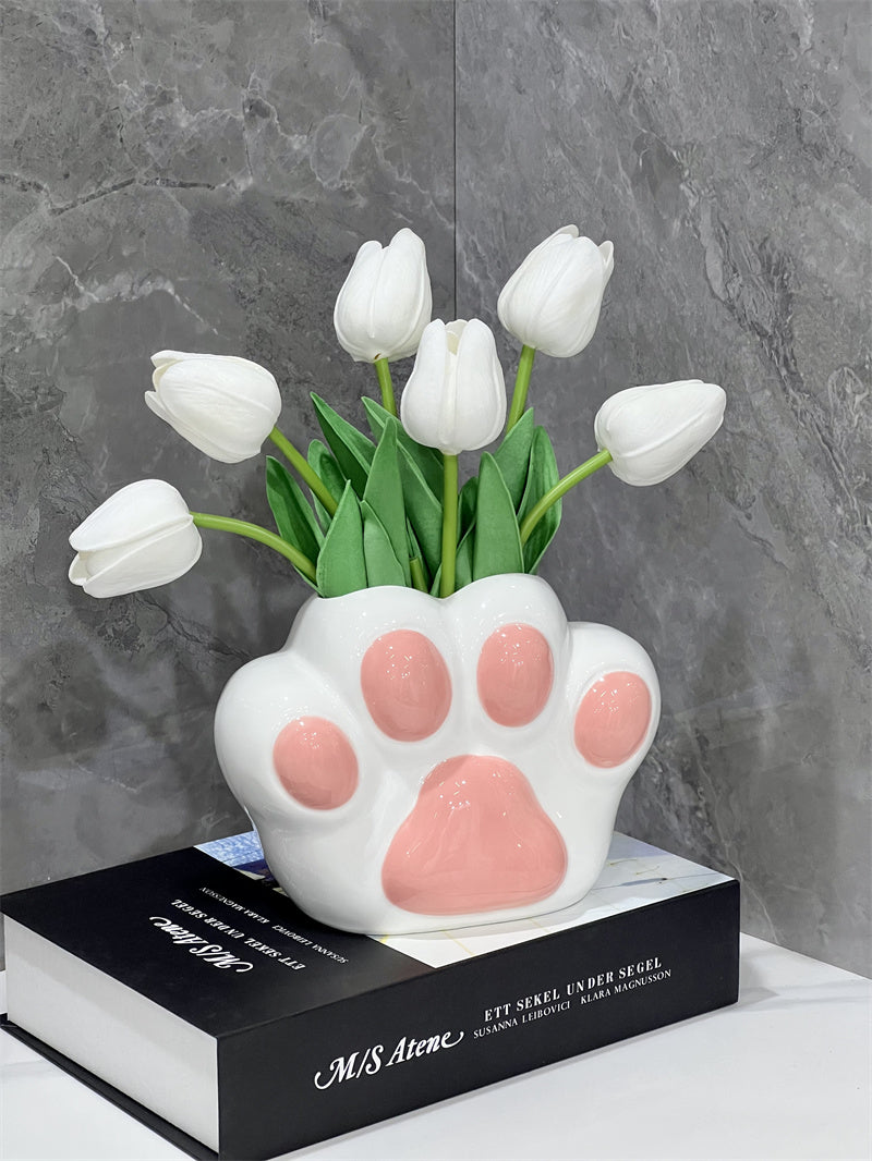 Cute Cat Paw - Shaped Ceramic Vase, Decorative Flower Holder for Home