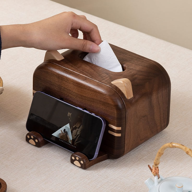Cat - Shaped Wooden Tissue Box with Phone Stand, Cute Decorative Tissue Holder
