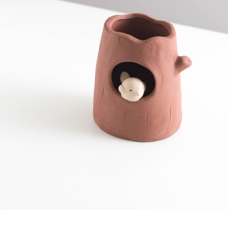 Tree Stump - Shaped Ceramic Pen Holder with Bird Accent, Cute Desk Organizer
