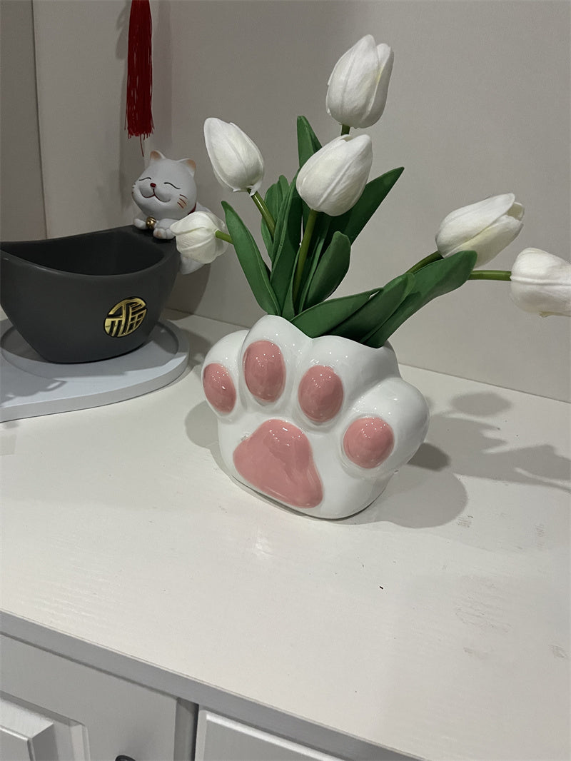 Cute Cat Paw - Shaped Ceramic Vase, Decorative Flower Holder for Home