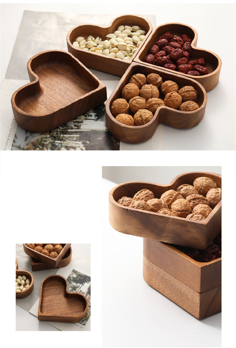 Heart - Shaped Wooden Divided Serving Tray, 4 - Compartment Snack & Appetizer Platter