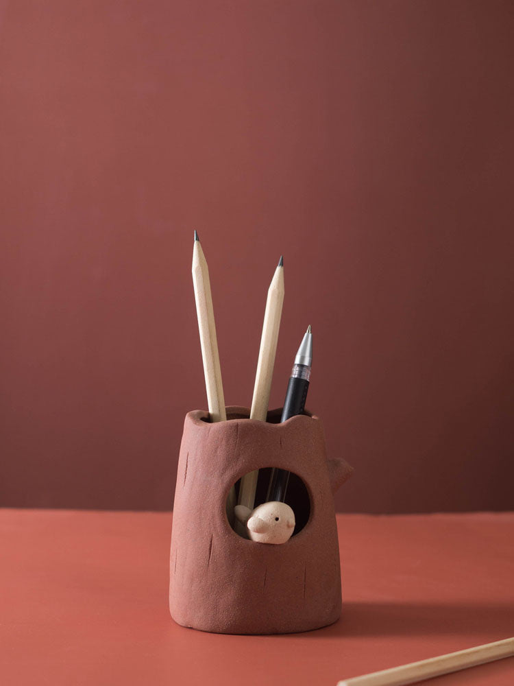 Tree Stump - Shaped Ceramic Pen Holder with Bird Accent, Cute Desk Organizer