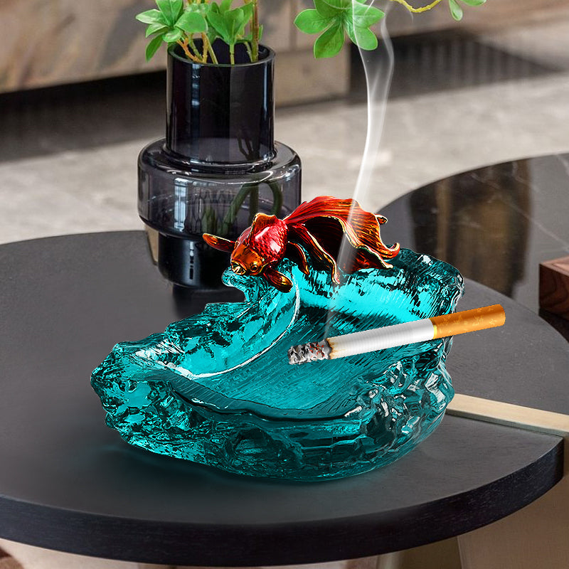 Goldfish Glass Ashtray, Turquoise Decorative Cigarette Ashtray